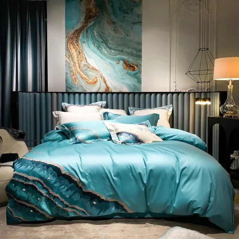 Luxury Egyptian Cotton Duvet Set  Ocean Wave Design With Gold Accents - Product detail 10