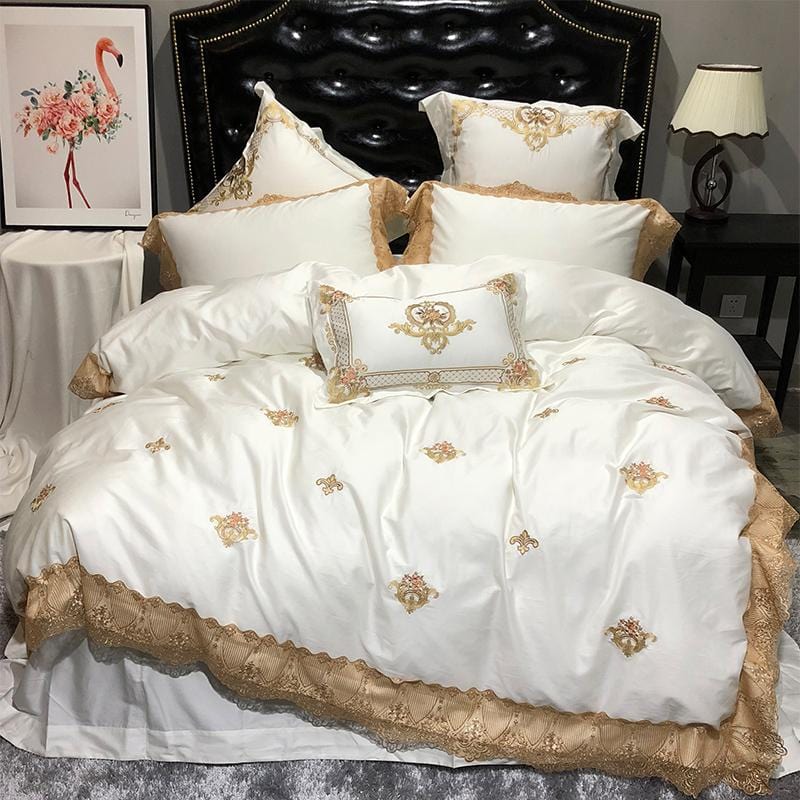 Luxury Egyptian Cotton Bedding Set  Gold Lace Embroidered Design - Product showcase