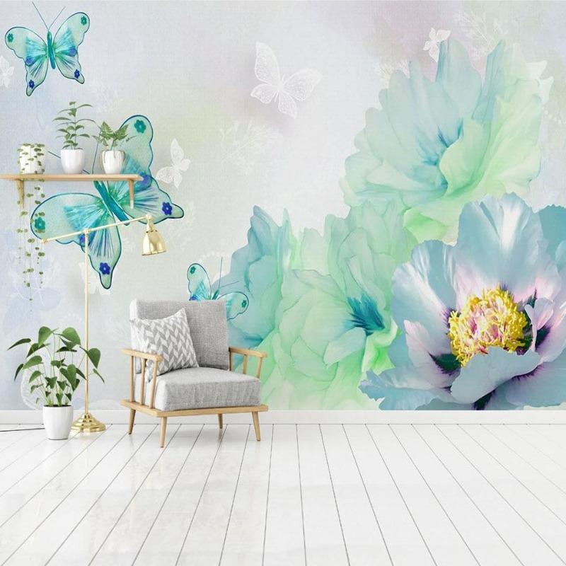 Butterfly Mural Wallpaper | Turquoise Watercolor Floral Design