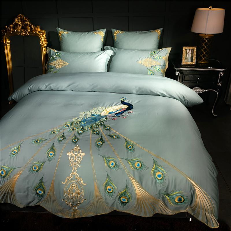 Luxury Egyptian Cotton Duvet Set  Peacock Feather Embroidery in Teal - Product detail 5