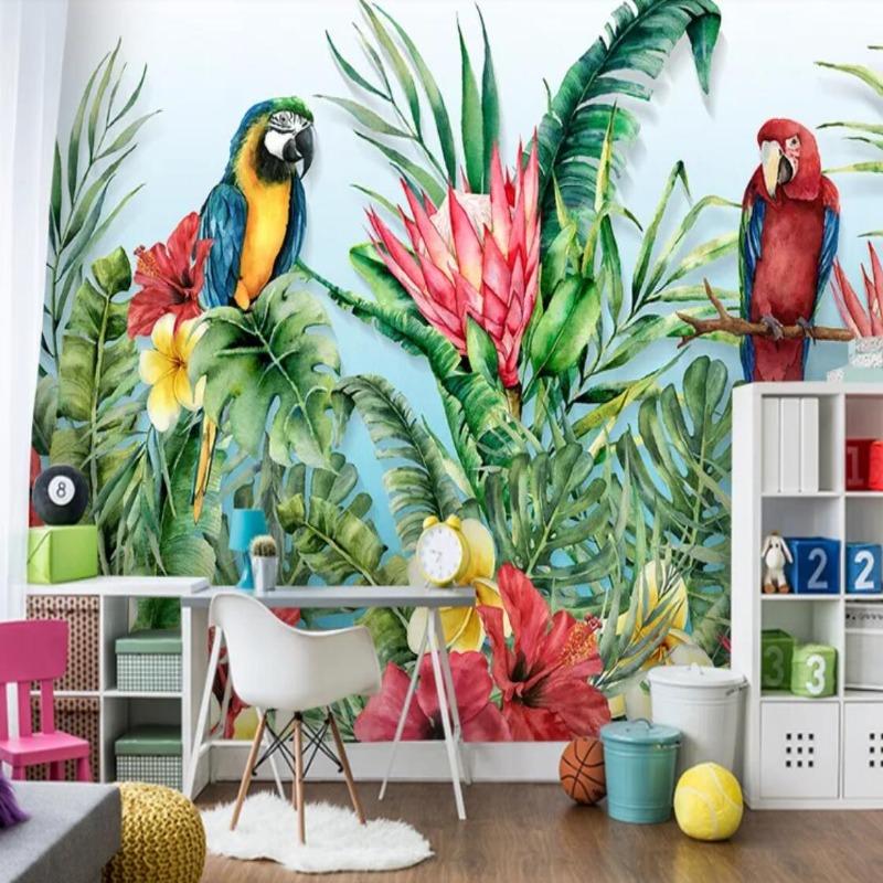 Tropical Birds Mural Wallpaper | Macaw Paradise with Exotic Flowers