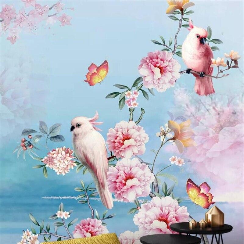 Birds Mural Wallpaper | Pink Cockatoo with Peonies and Butterflies