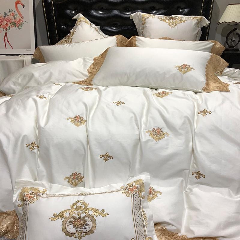 Luxury Egyptian Cotton Bedding Set  Gold Lace Embroidered Design - Product example