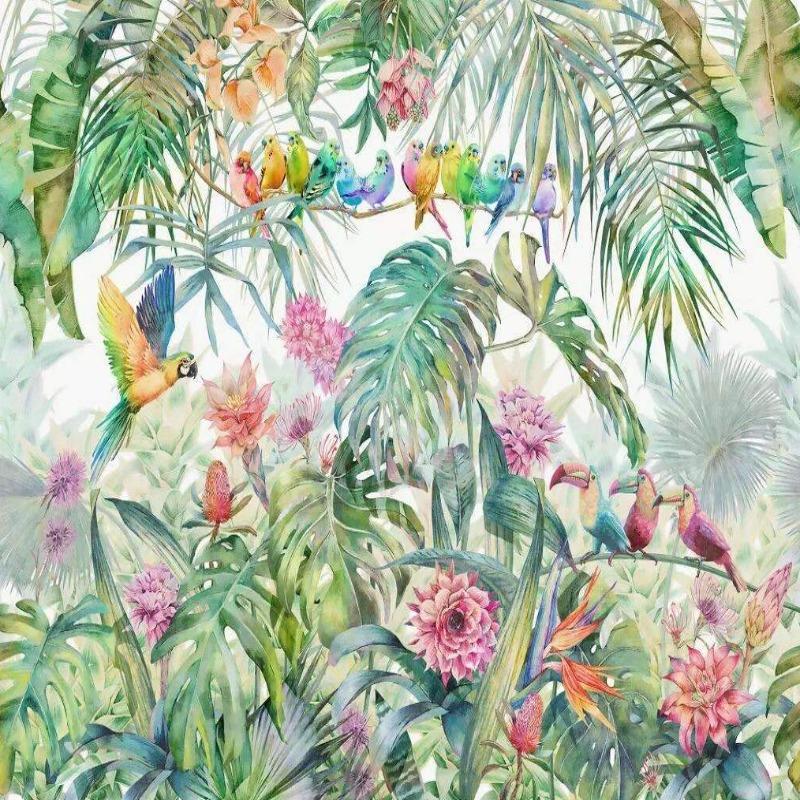 Tropical Birds Mural Wallpaper | Colorful Parrots and Exotic Flowers