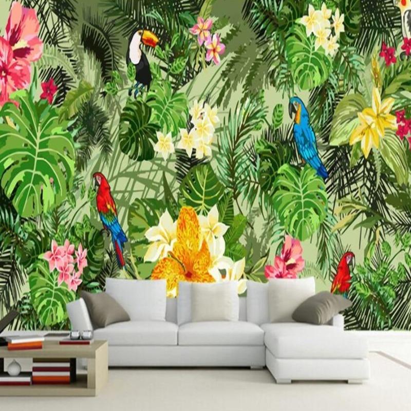 Tropical Birds Mural Wallpaper | Exotic Parrots and Monstera Leaves