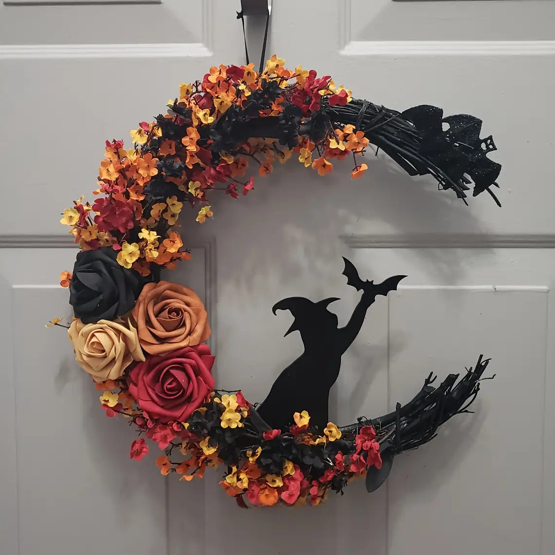 Halloween Door Wreath  Crescent Moon Witch Floral Design - Product showcase