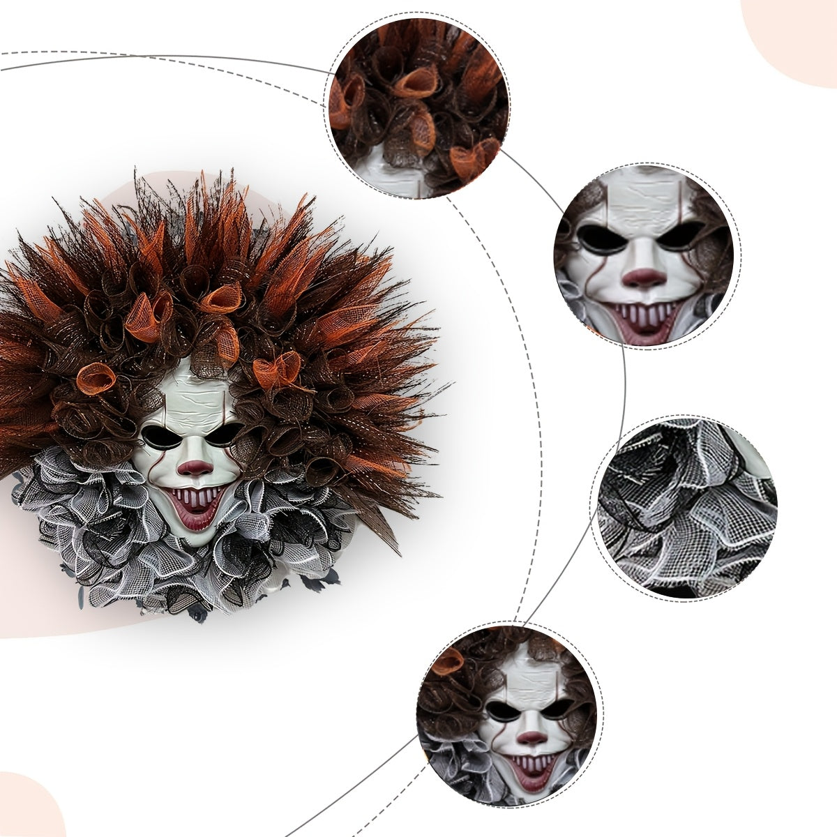 Halloween Clown Door Wreath Layered Mesh Design With Scary Face - Product detail 5
