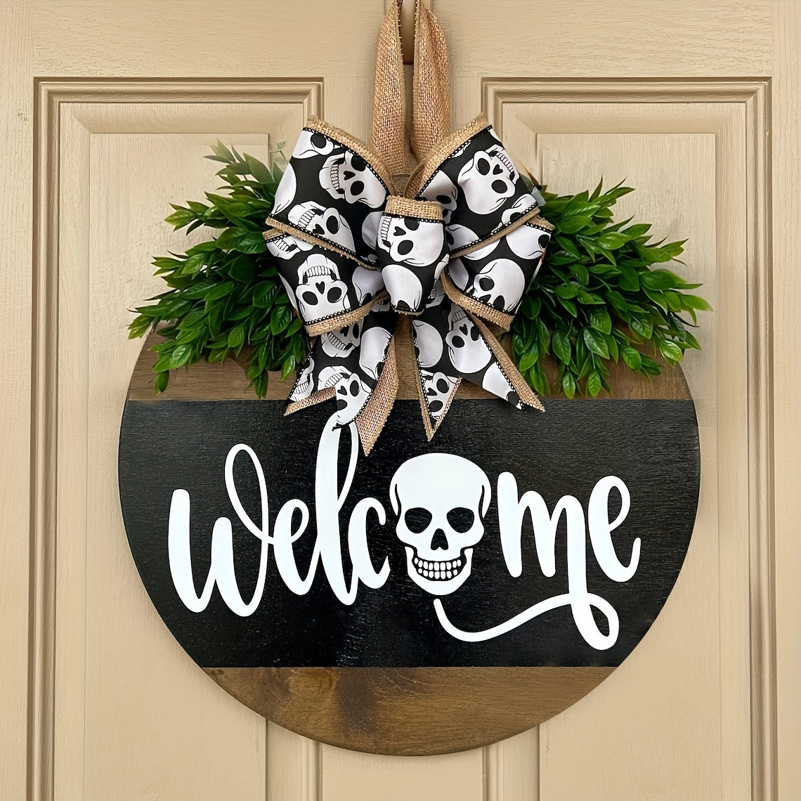 Halloween Door Wreath  Wooden Skull Welcome Sign - Product showcase