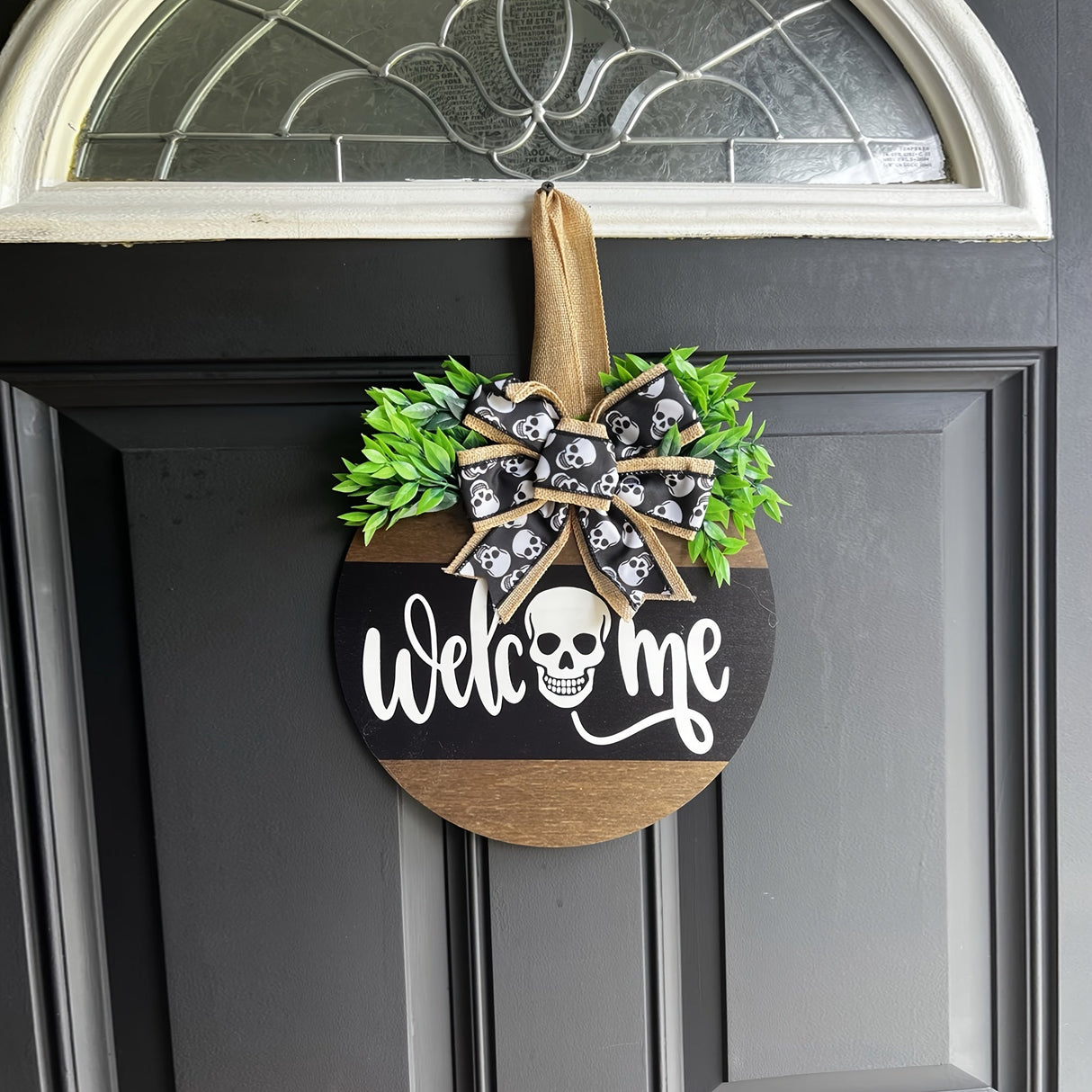 Halloween Door Wreath  Wooden Skull Welcome Sign - Product example