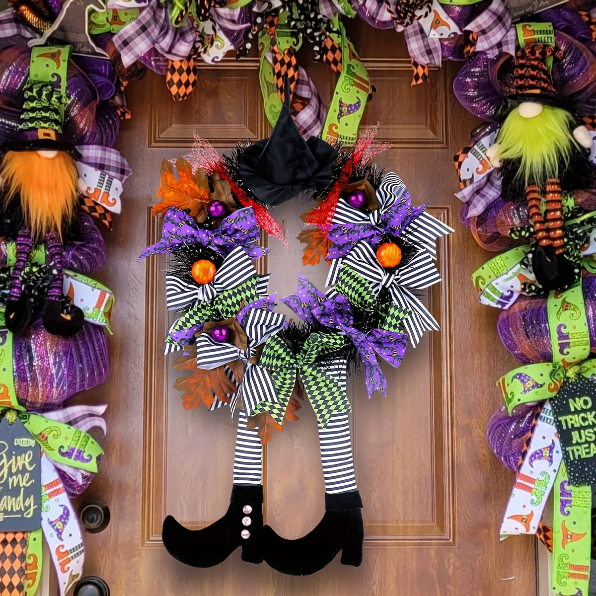 Halloween Door Wreath  Witch Legs With Striped Stockings - Product showcase