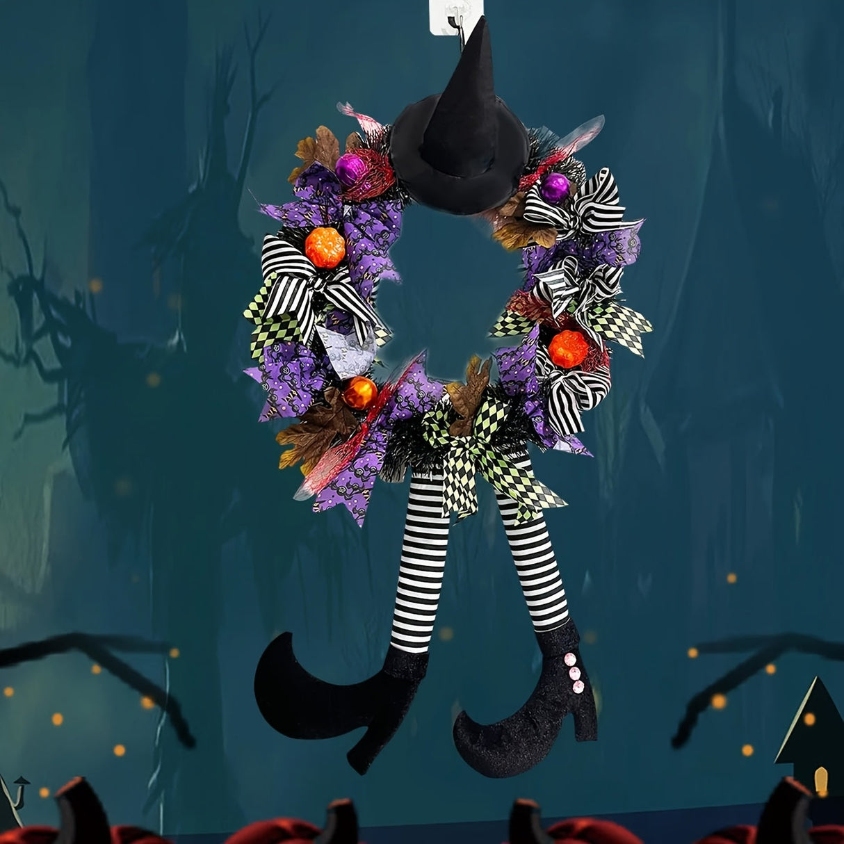 Halloween Door Wreath  Witch Legs With Striped Stockings - Product example