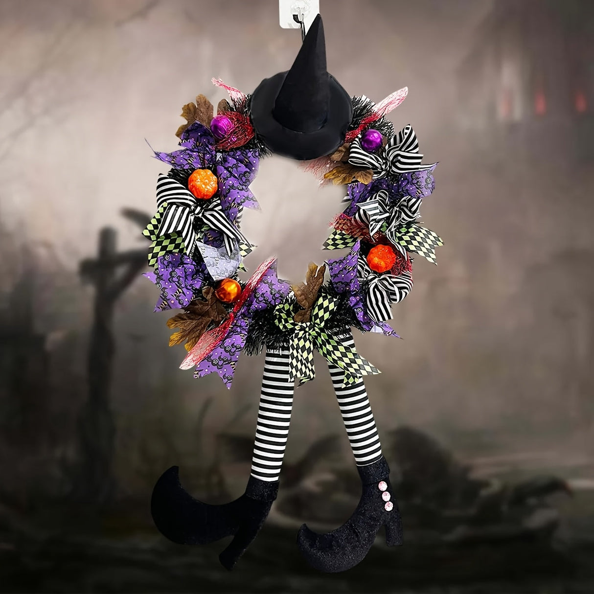 Halloween Door Wreath  Witch Legs With Striped Stockings - Product detail 5