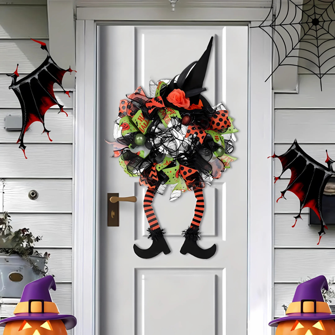 Halloween Door Wreath Witch Legs Mesh Design - Product showcase