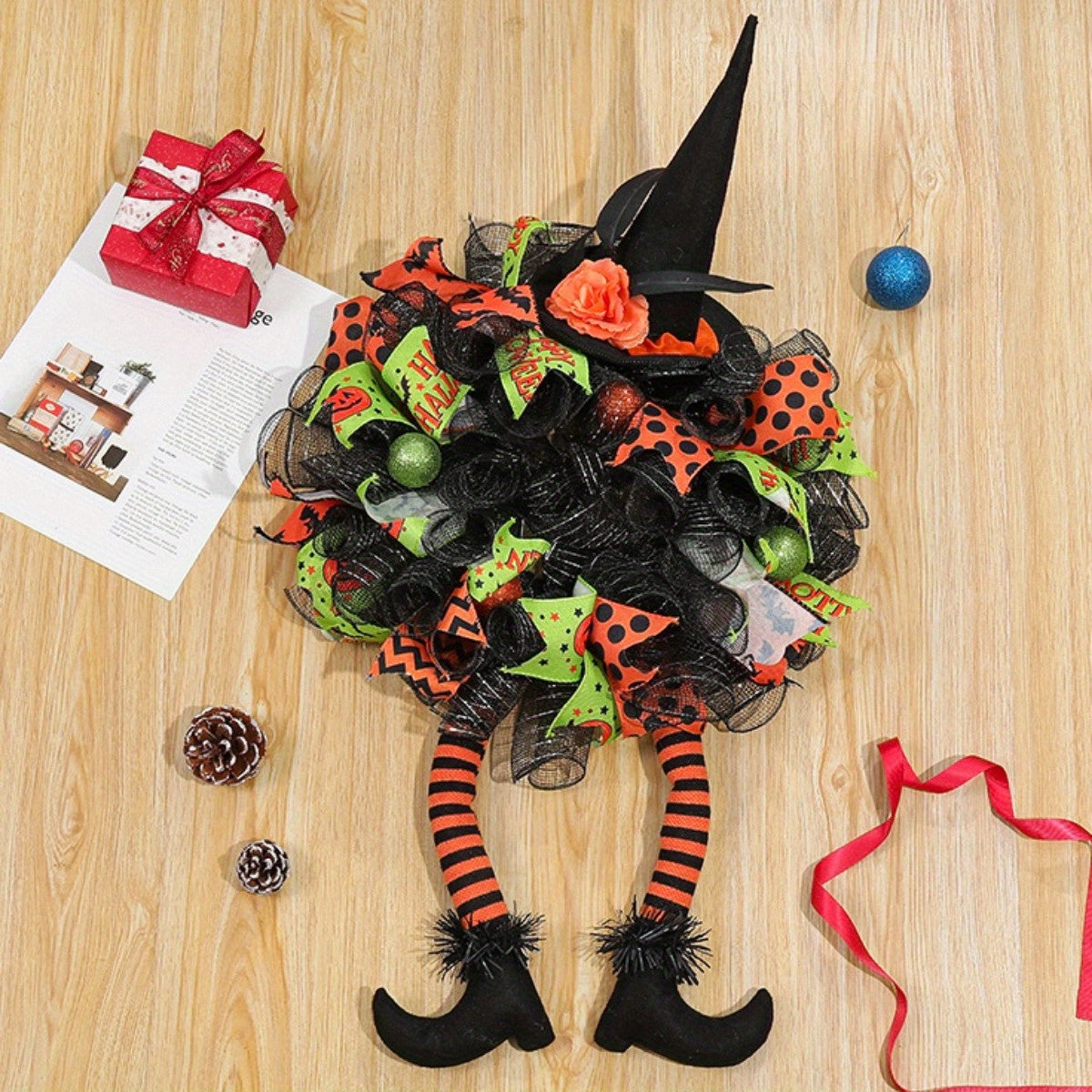 Halloween Door Wreath Witch Legs Mesh Design - Detailed view