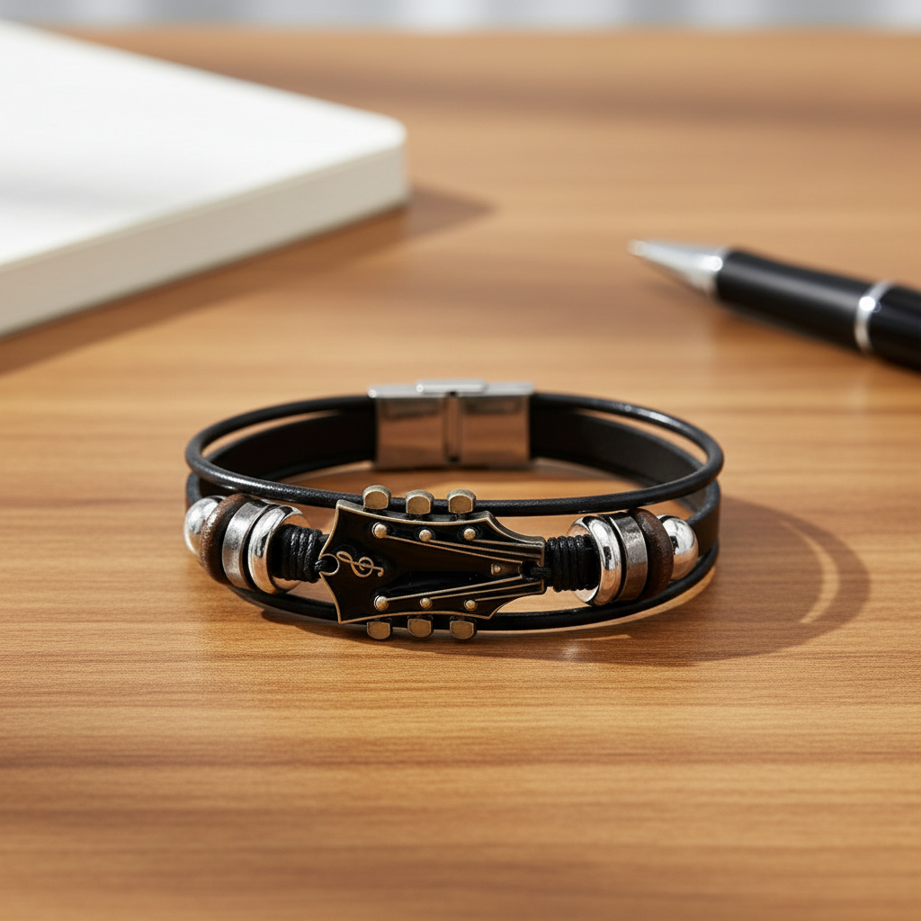 Leather Guitar Bracelet Black Music-Inspired Design - Product showcase