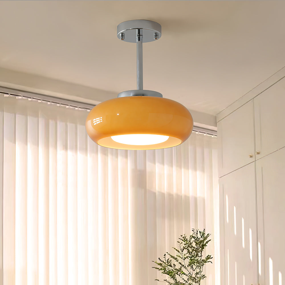 Modern Pendant Light Orange Glass Dome with Brass Finish - Detailed view