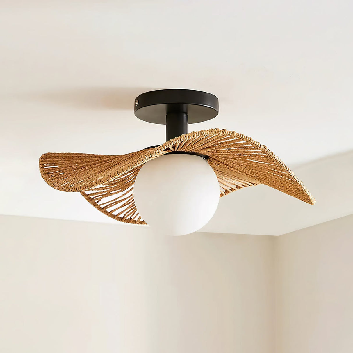 Modern Hemp Ceiling Light Natural Woven Wing Design - Detailed view