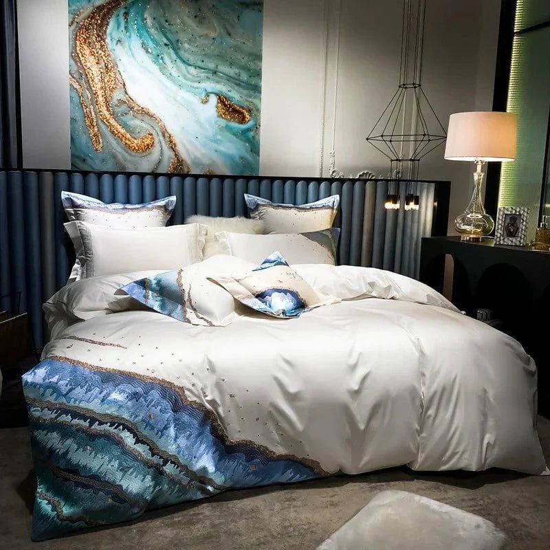 Luxury Egyptian Cotton Duvet Set  Ocean Wave Design With Gold Accents - Product example