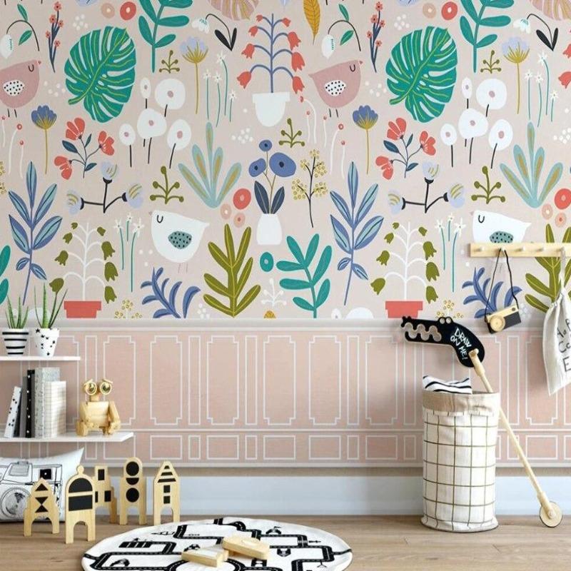 Tropical Garden Mural Wallpaper | Birds and Monstera Pattern