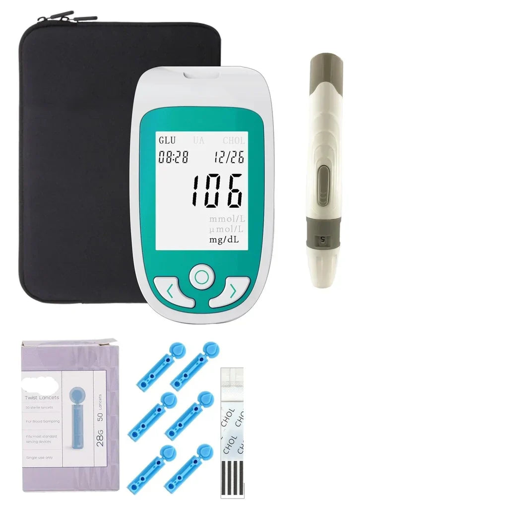 Blood Glucose Monitor Kit 3-in-1 Cholesterol Uric Acid Testing Device - Product showcase