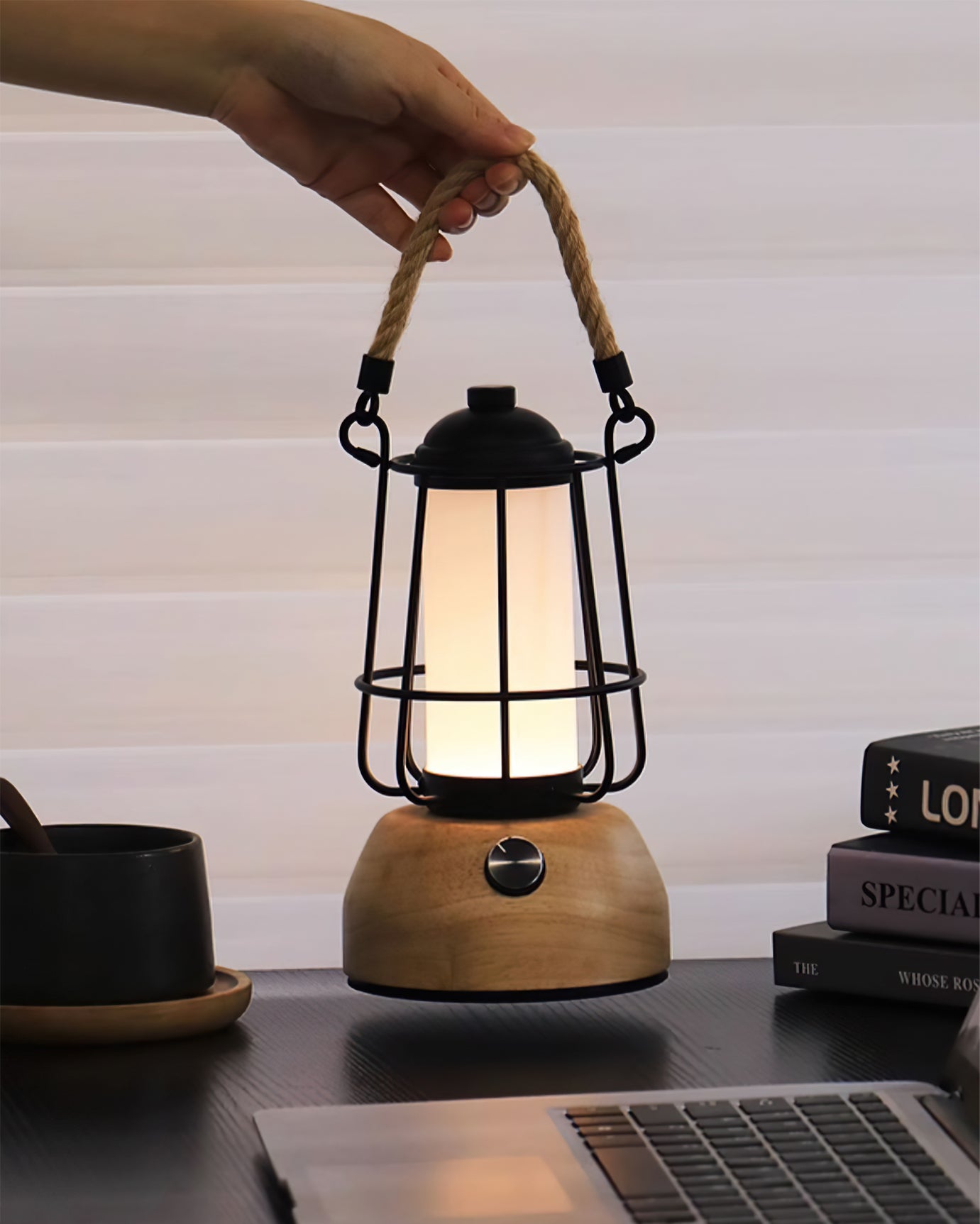 Outdoor Table Lantern  Wooden Base Metal Cage Design - Product detail 6