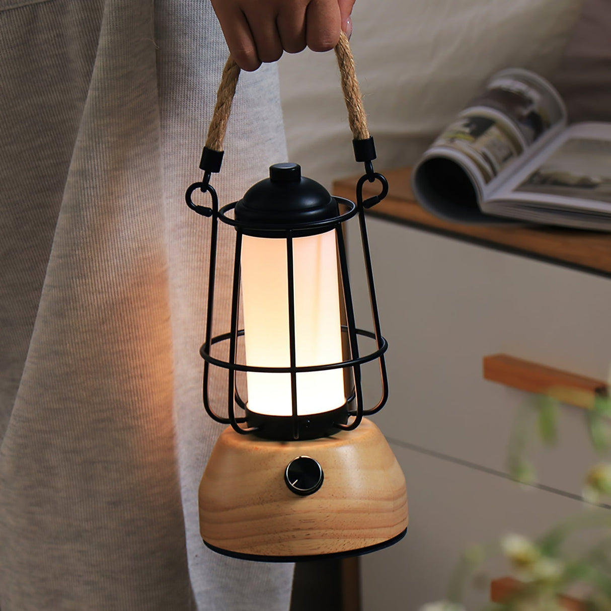Outdoor Table Lantern  Wooden Base Metal Cage Design - Product detail 5