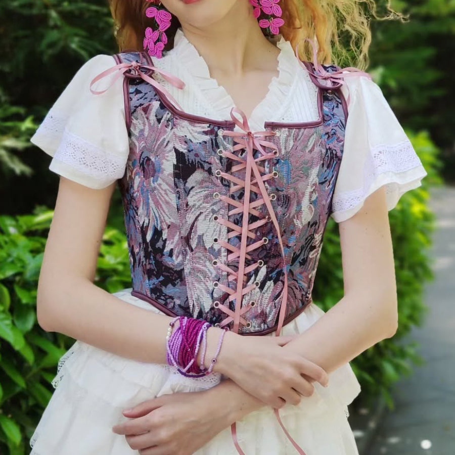 Floral Jacquard Corset Vintage Lace-Up Design With Front Straps - Product showcase