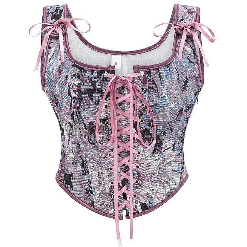 Floral Jacquard Corset Vintage Lace-Up Design With Front Straps - Detailed view