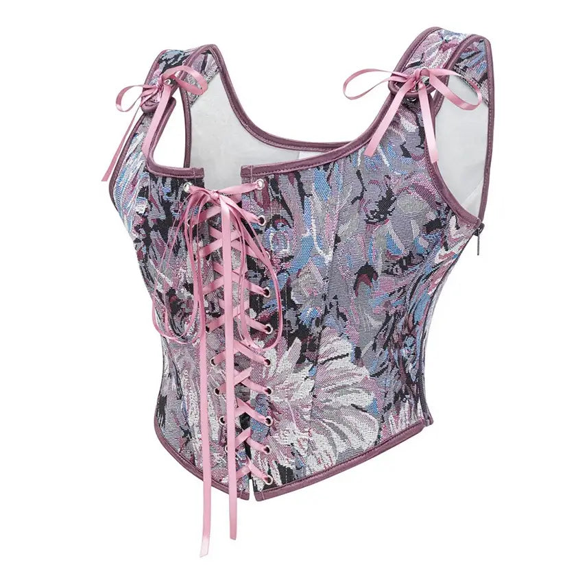 Floral Jacquard Corset Vintage Lace-Up Design With Front Straps - Product example