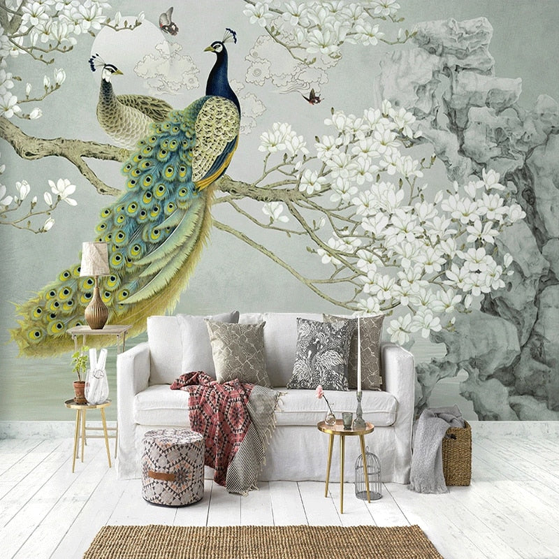 Peacock Mural Wallpaper | Oriental Cherry Blossom Art