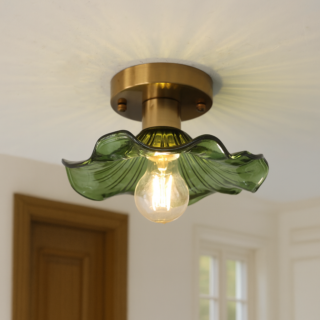 Art Deco Ceiling Light Wavy Glass Flower Shade - Detailed view