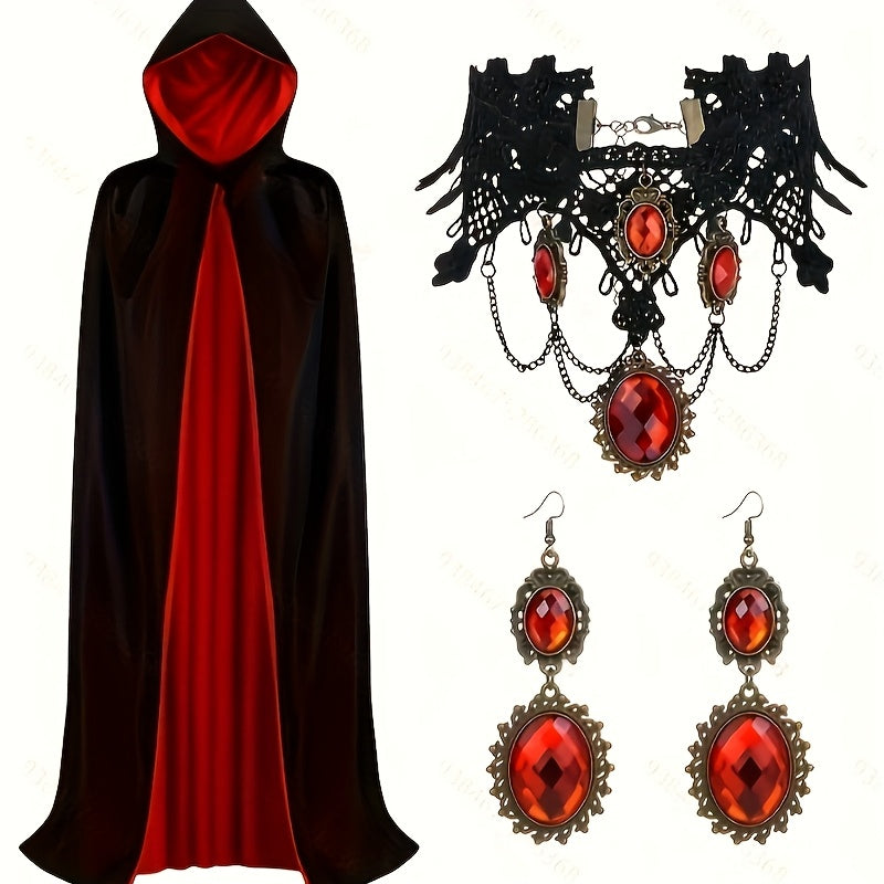 Gothic Halloween Cape  Black  Red Reversible Cloak With Jewelry Set - Product showcase