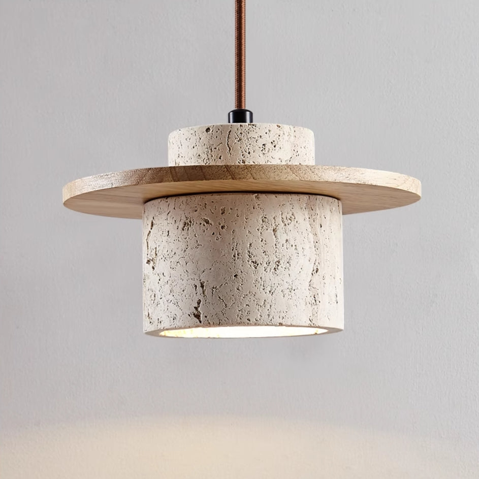 Modern Travertine Pendant Light  Natural Wood Accent Shade - Product detail 6