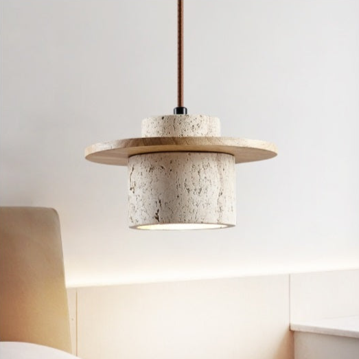 Modern Travertine Pendant Light  Natural Wood Accent Shade - Product showcase