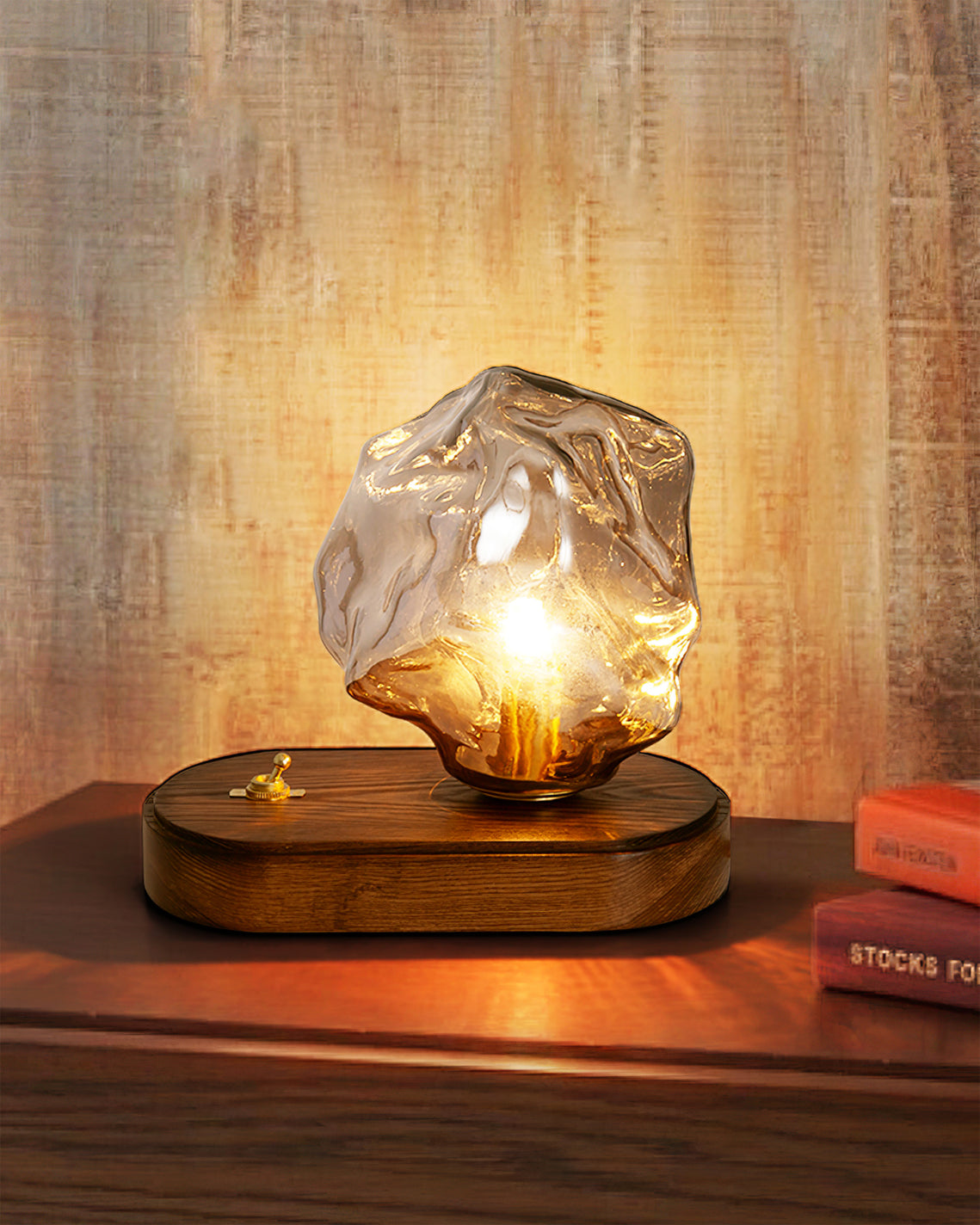 Vintage Table Lamp Amber Glass Wood Base Design - Product detail 17