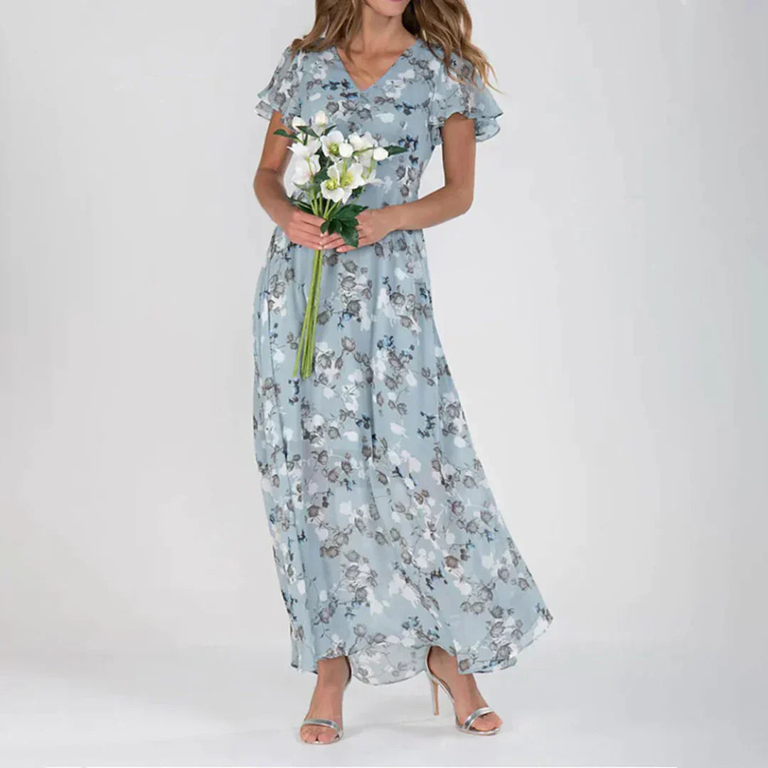 Floral Maxi Dress Blue Chiffon V-Neck Design - Product example