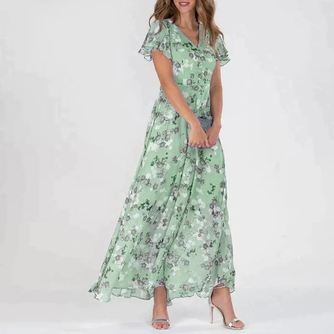 Floral Maxi Dress Blue Chiffon V-Neck Design - Product detail 4
