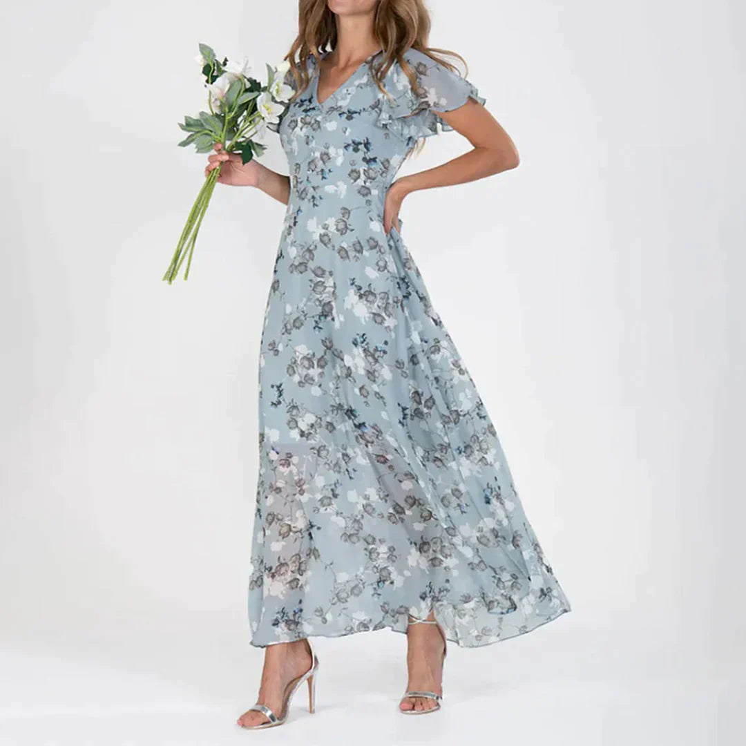 Floral Maxi Dress Blue Chiffon V-Neck Design - Detailed view