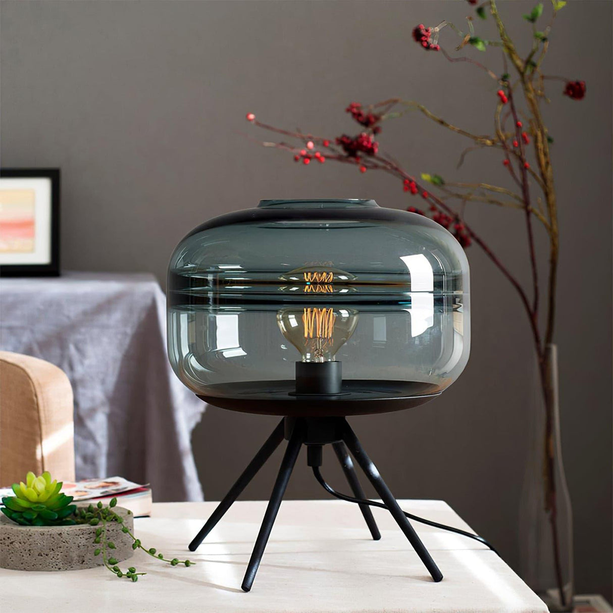 Modern Glass Table Lamp Smokey Dome with Tripod Base - Product detail 14