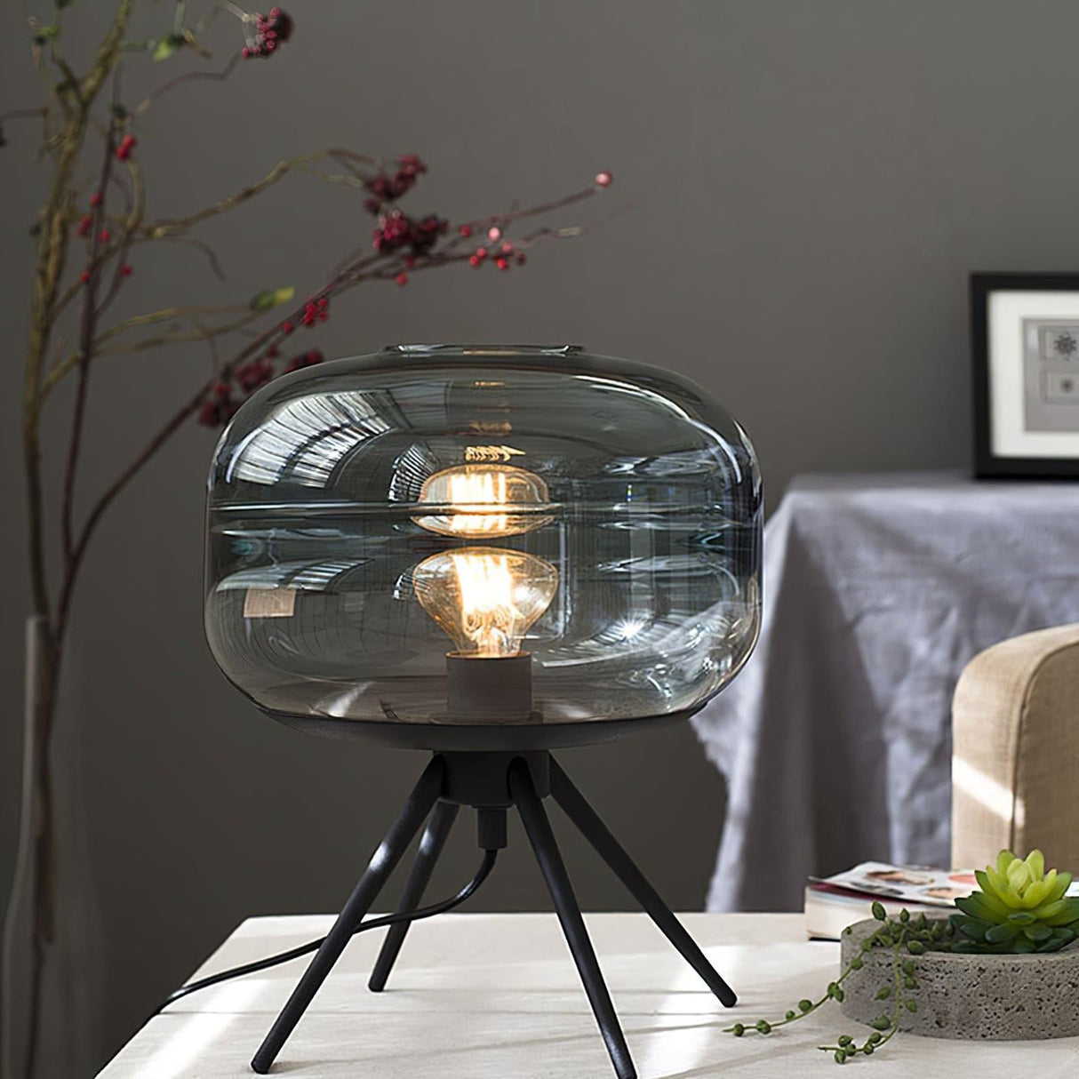 Modern Glass Table Lamp Smokey Dome with Tripod Base - Product detail 15