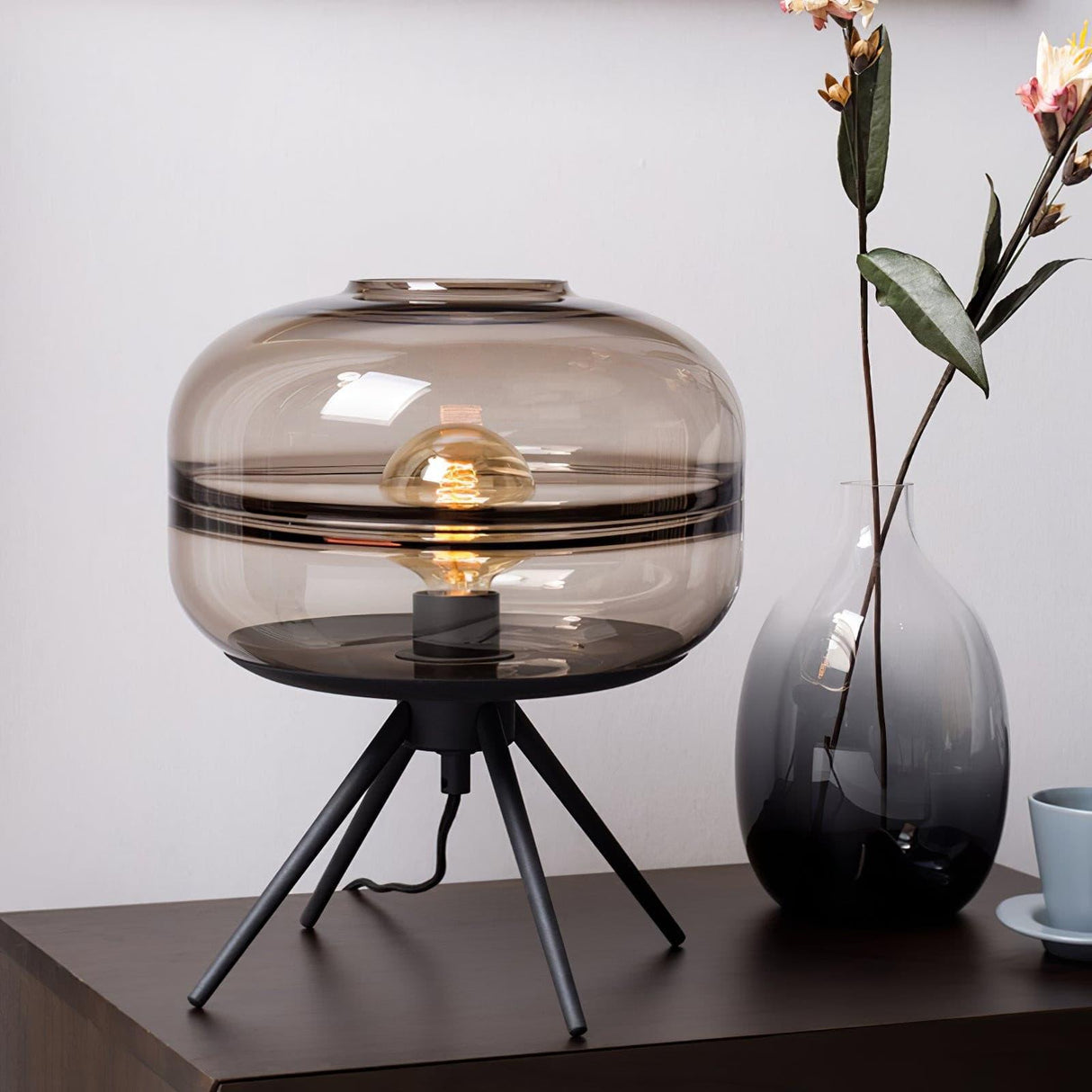 Modern Glass Table Lamp Smokey Dome with Tripod Base - Detailed view