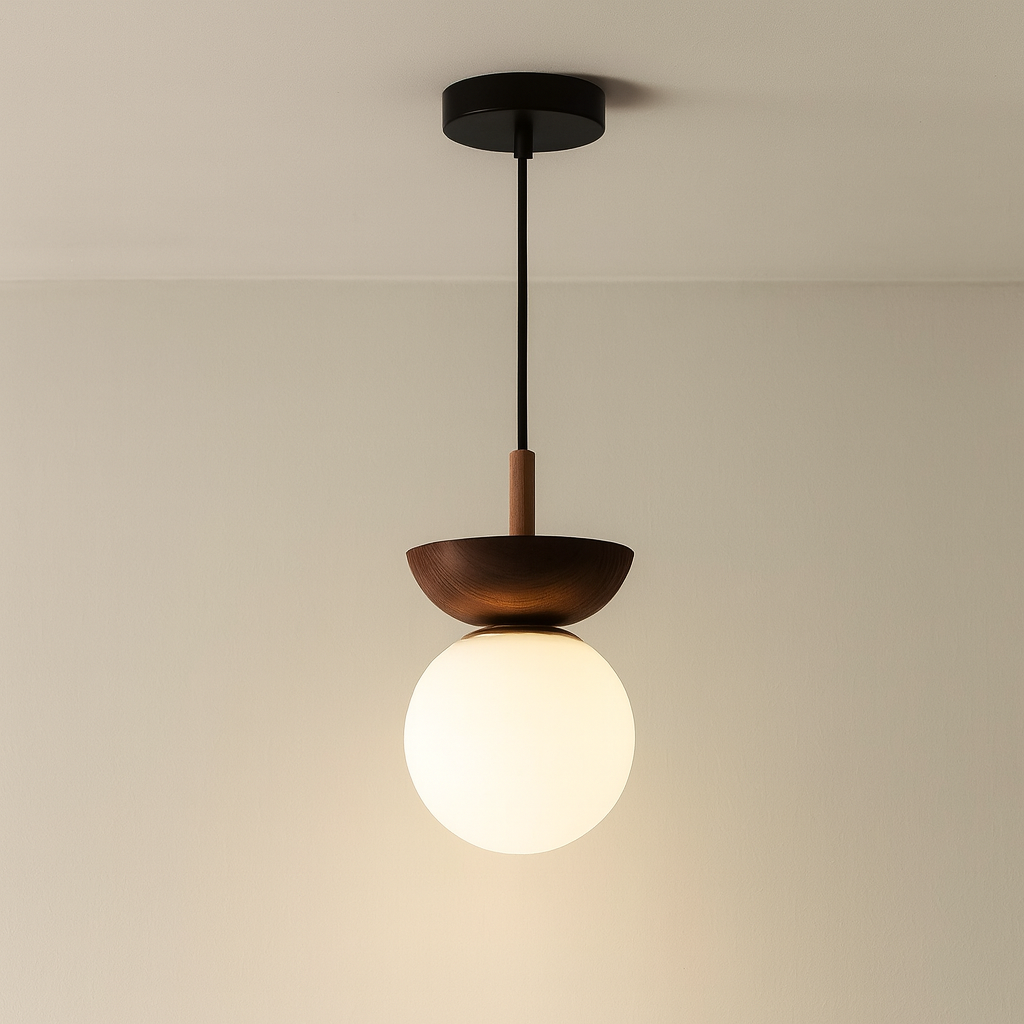 Minimalist Pendant Light Walnut Wood Globe Design - Product showcase