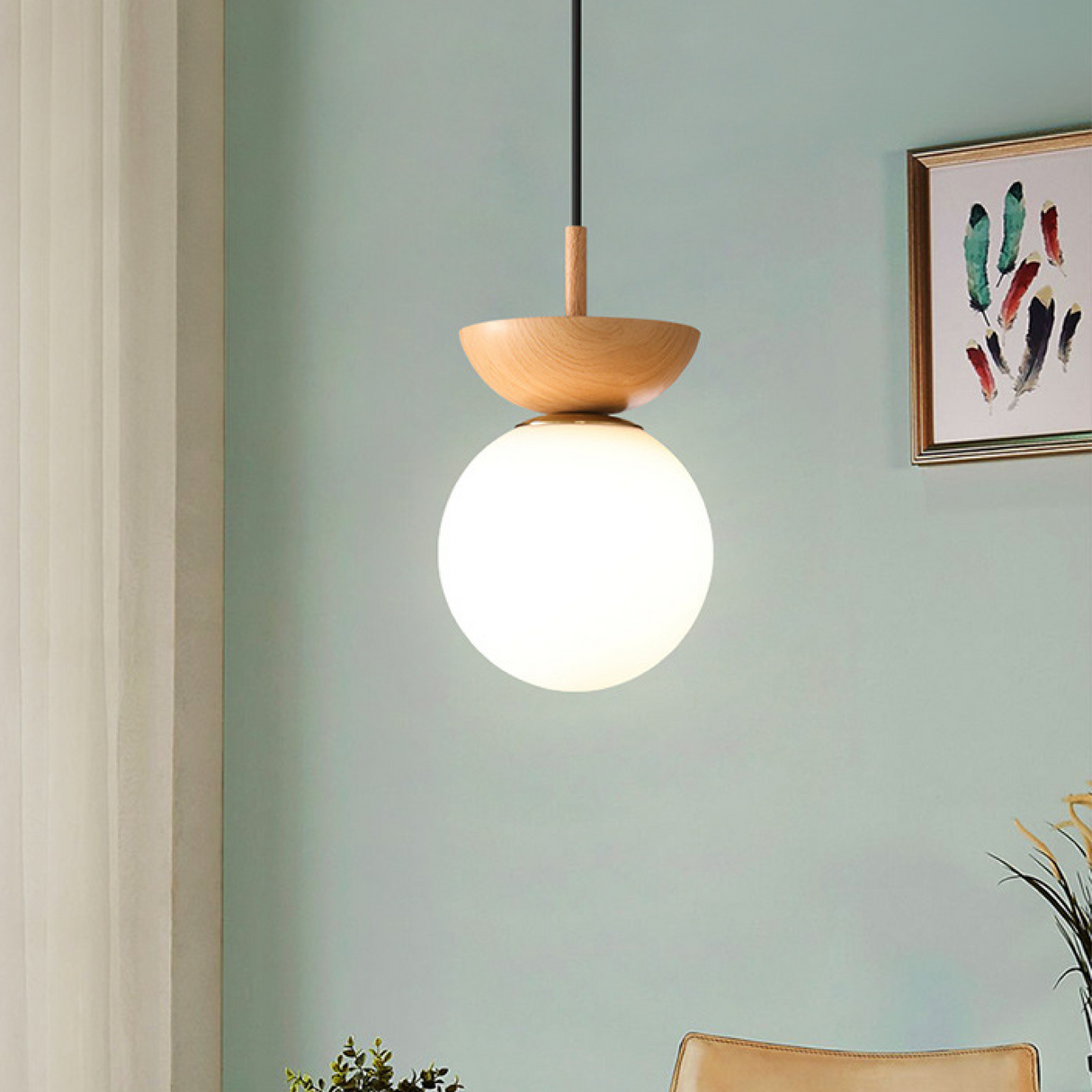 Minimalist Pendant Light Walnut Wood Globe Design - Product detail 4
