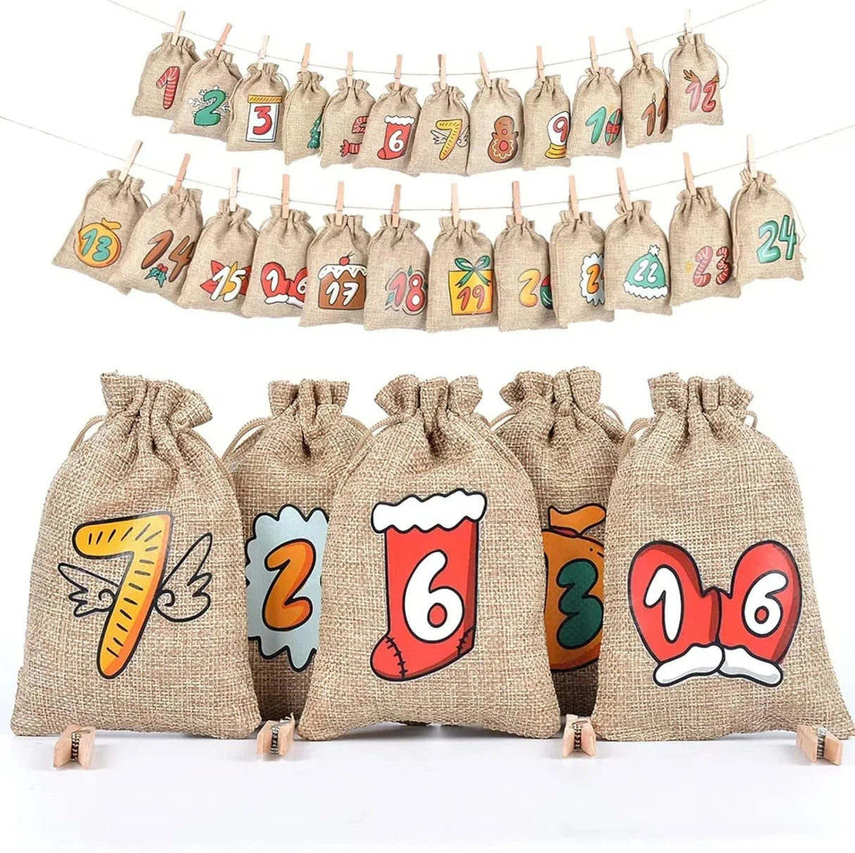 Christmas Advent Calendar 24 Jute Drawstring Bags With Clips - Detailed view