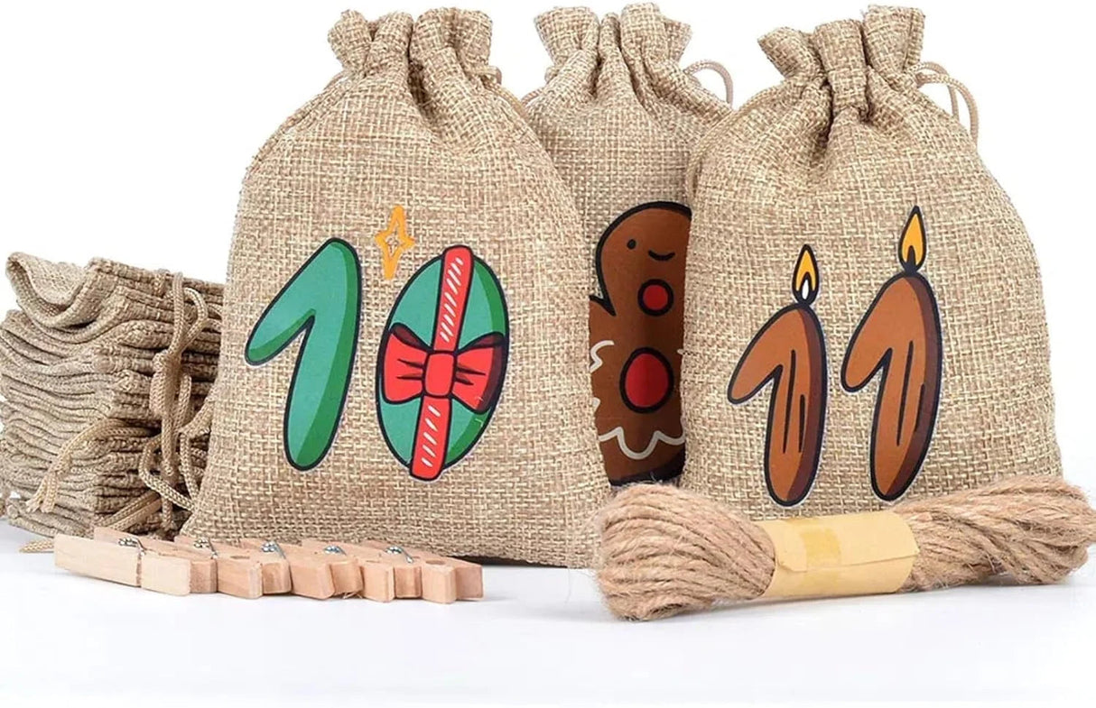 Christmas Advent Calendar 24 Jute Bags with Wooden Clips - Product example