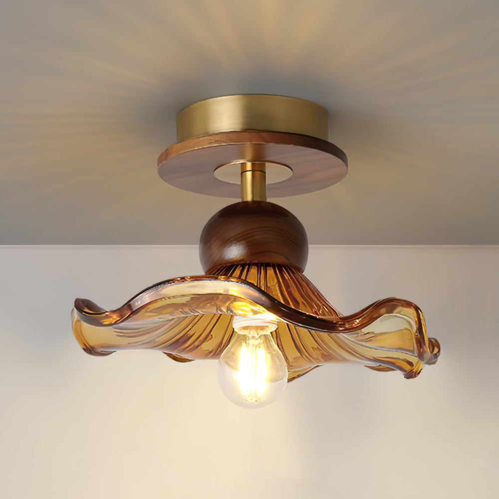 Artisan Ceiling Light Amber Glass Wave Design - Detailed view