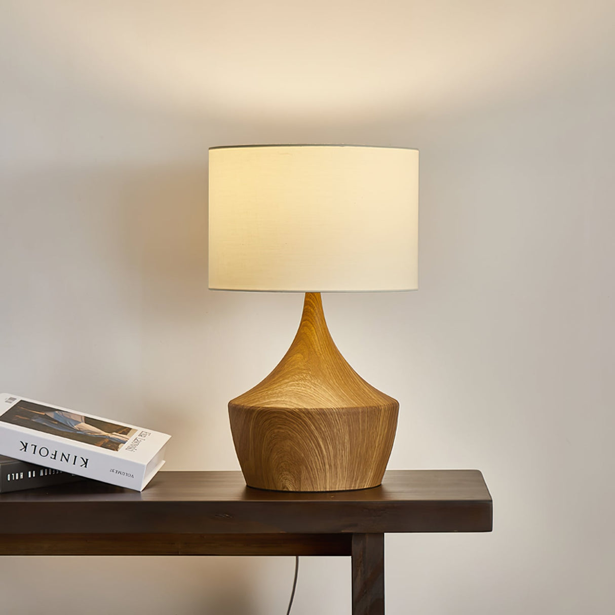 Modern Table Lamp Walnut Wood Base With Cream Shade - Detailed view