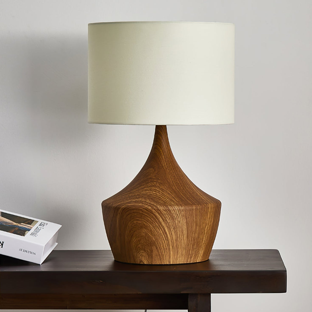 Modern Table Lamp Walnut Wood Base With Cream Shade - Product example