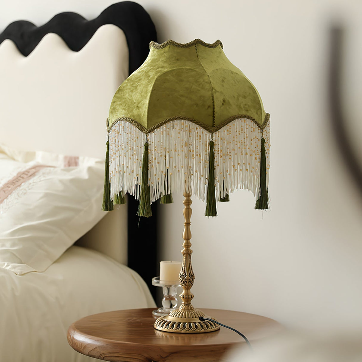 Vintage Table Lamp Green Fabric Shade With Fringes - Product example