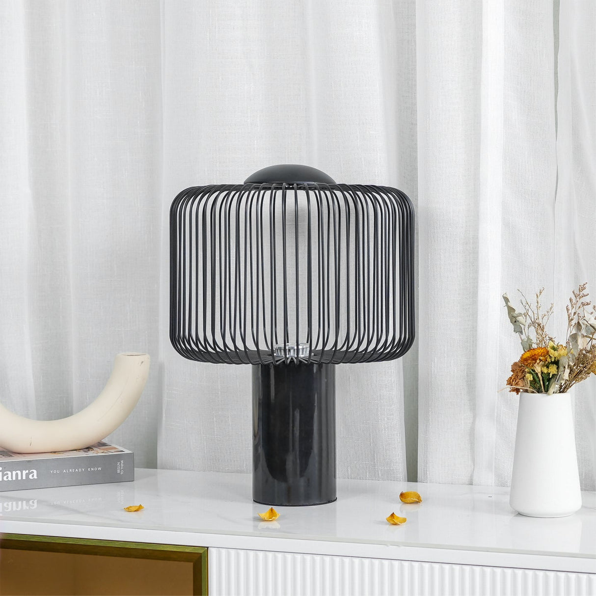 Modern Table Lamp Black Marble Base with Wire Cage Shade - Detailed view